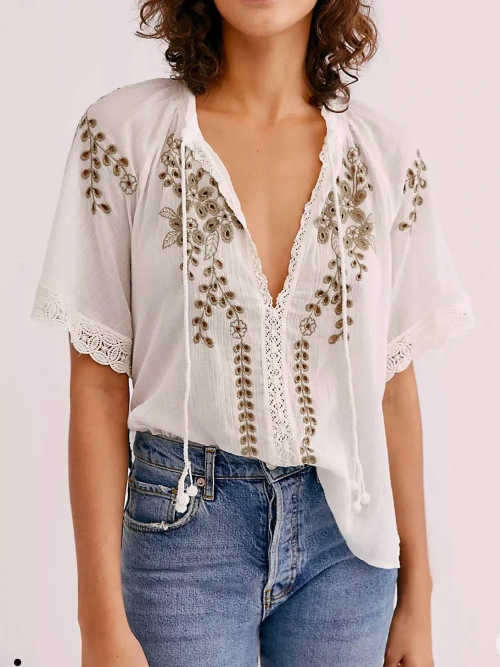 Free People Dahlia Embroidered Blouse Ivory Boho Lace Flutter Sleeve Size M - Picture 2 of 7